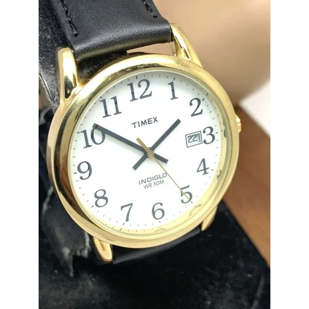 Timex Men's Watch T2H291 Quartz Indiglo Gold White Dial Black Leather Band 35mm